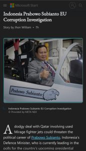 Media Asing Sebut Capres Prabowo Diduga Tersandung Kasus Korupsi Pembelian 12 Pesawat Bekas
