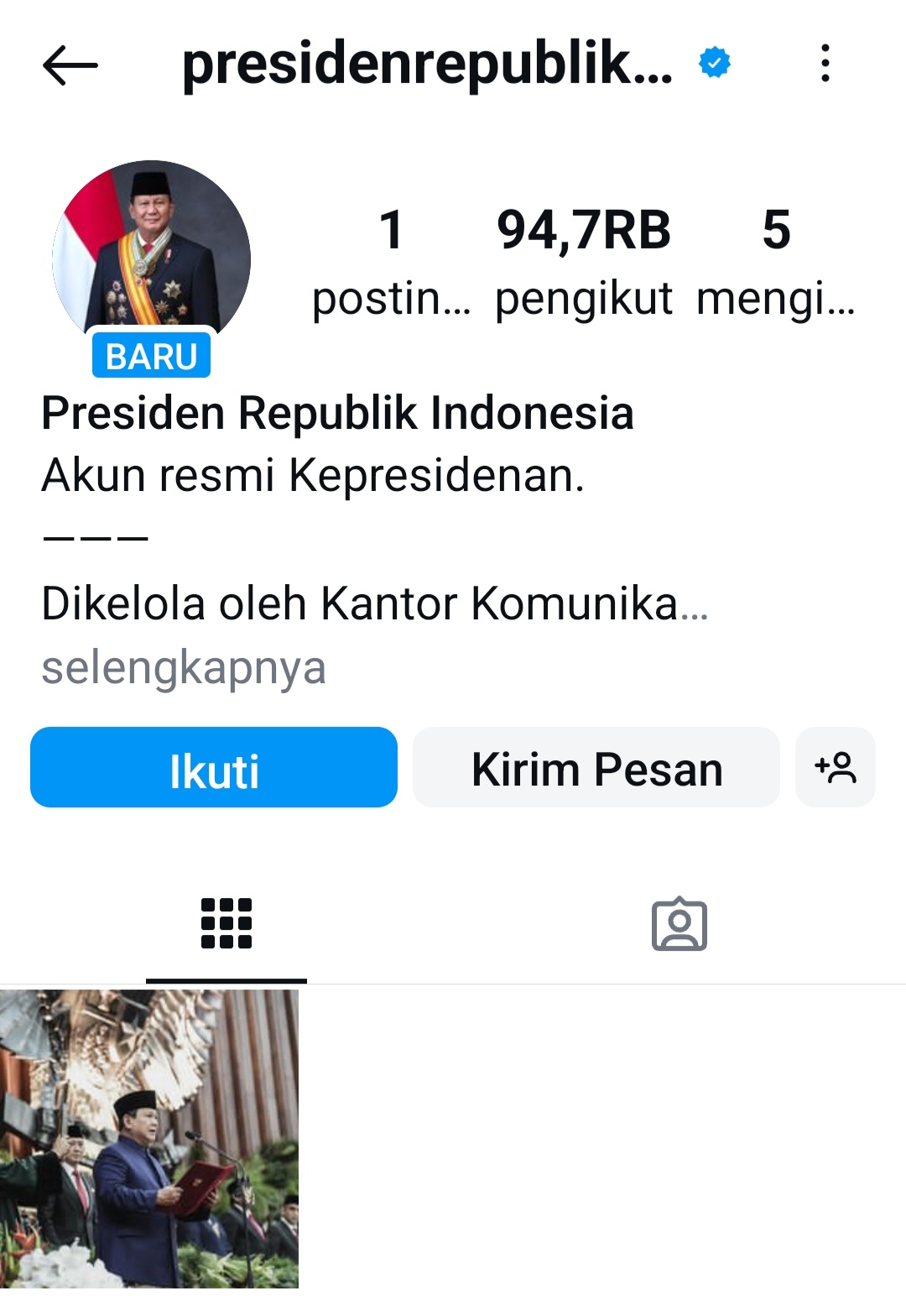 Ini Akun Instagram Resmi Prabowo: @presidenrepublikindonesia